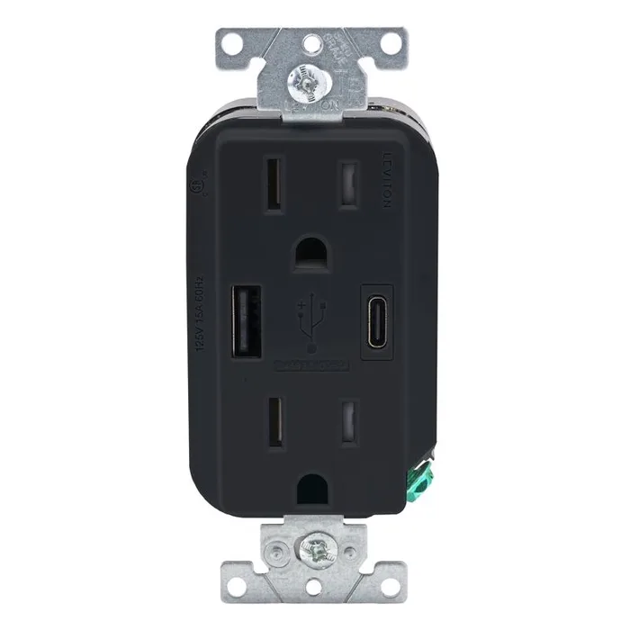 Leviton Decora 15 amps 125 V Type A/C Duplex Black Outlet and USB Charger 5-15R 1 pk