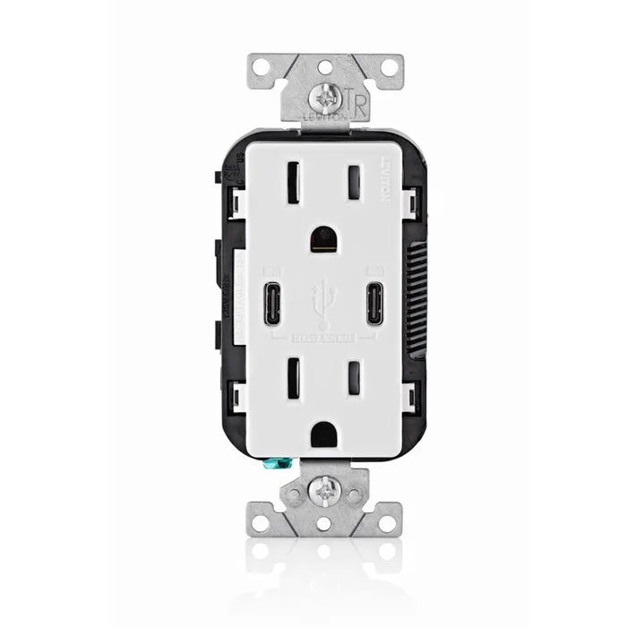 Leviton Decora 15 amps 125 V Duplex and Type C White Outlet and USB Charger 5-15R 1 pk