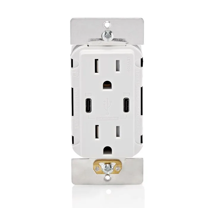 Leviton Decora 15 amps 125 V Duplex and Type C White Outlet and USB Charger 5-15R 1 pk
