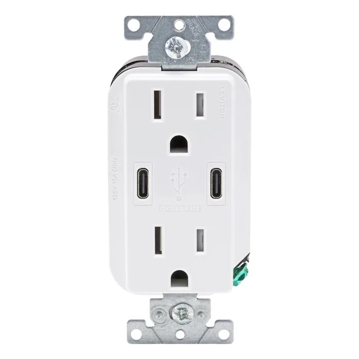 Leviton Decora 15 amps 125 V Duplex and Type C White Outlet and USB Charger 5-15R 1 pk