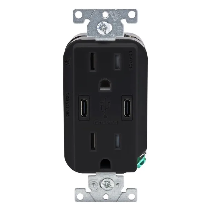 Leviton Decora 15 amps 125 V Duplex and Type C Black Outlet and USB Charger 5-15R 1 pk