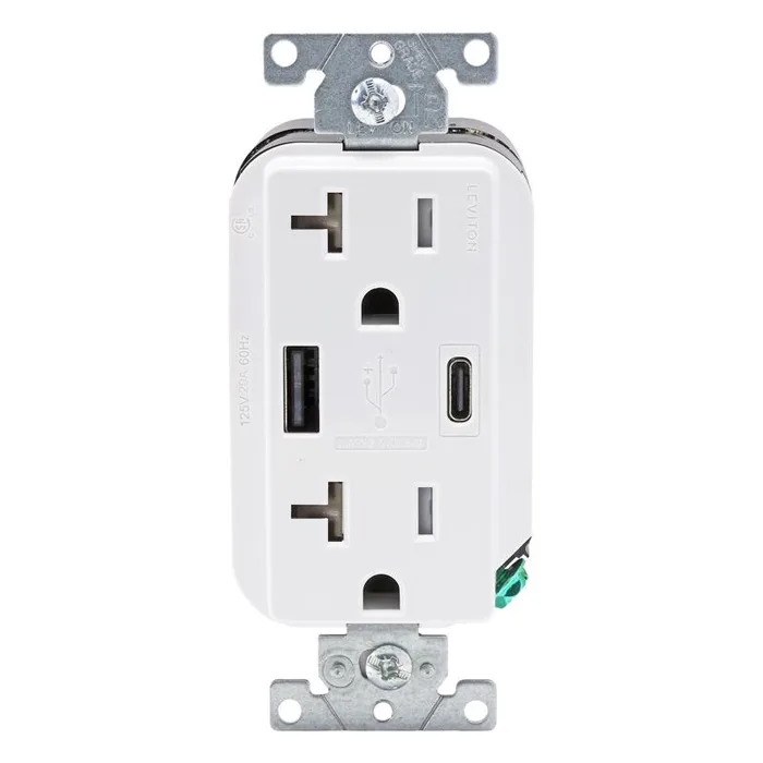 Leviton Decora 20 amps 125 V Type A/C Duplex White Outlet and USB Charger 5-15R 1 pk