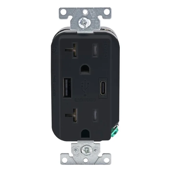 Leviton Decora 20 amps 125 V Type A/C Duplex Black Outlet and USB Charger 5-15R 1 pk