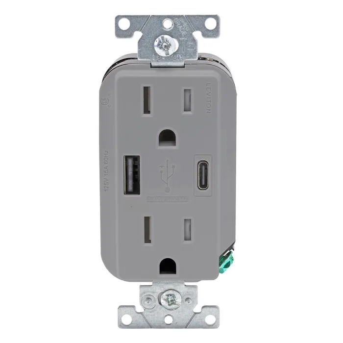 Leviton Decora 15 amps 125 V Type A/C Duplex Gray Outlet and USB Charger 5-15R 1 pk
