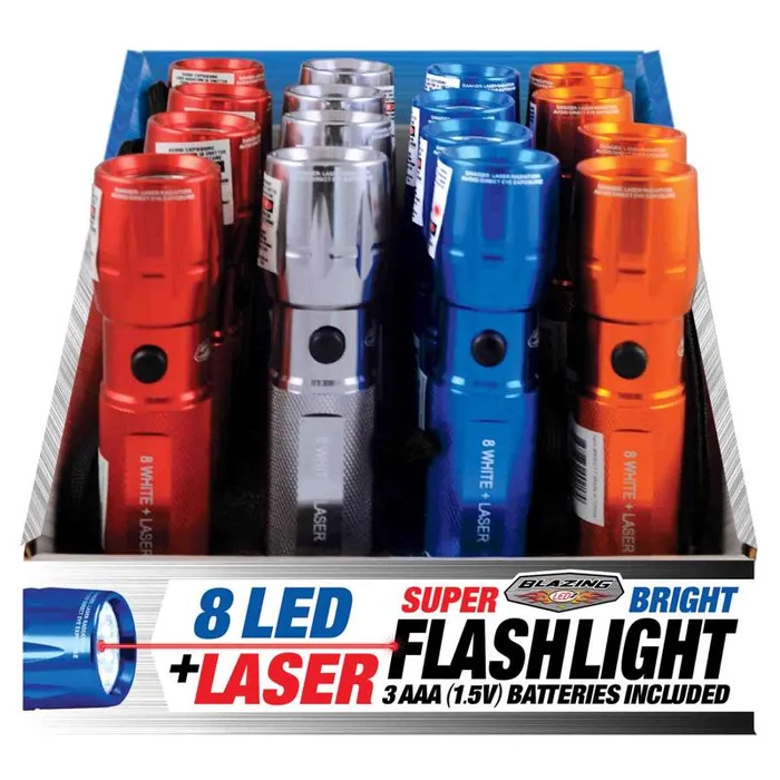 Blazing LEDz 8 LED 48 lm Assorted LED Flashlight w/Laser Pointer AAA Battery (Pack of 16)