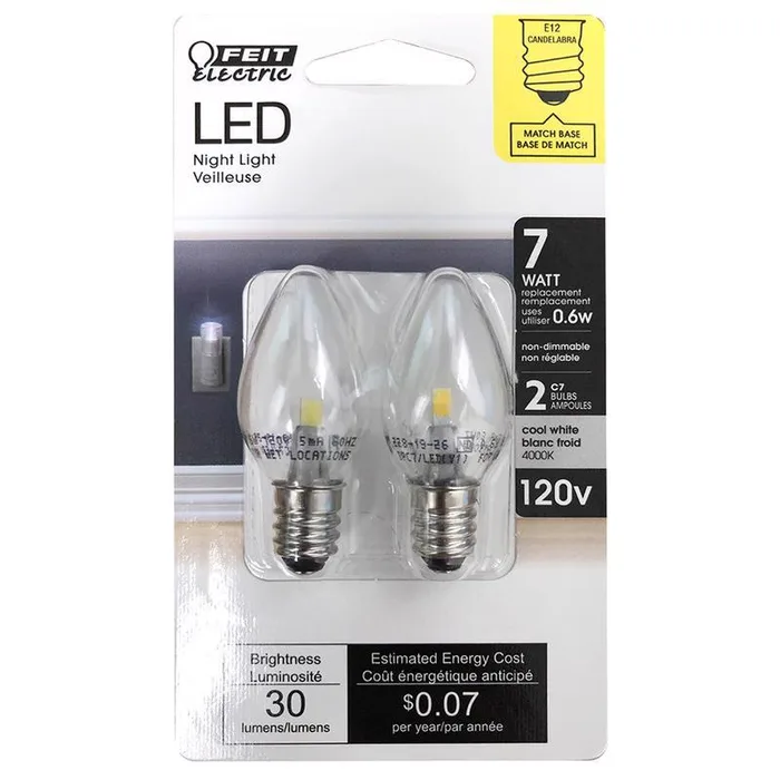 Feit C7 E12 (Candelabra) LED Bulb White 7 Watt Equivalence 2 pk