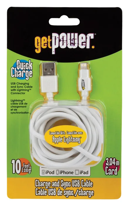 GetPower Lightning to USB Charge and Sync Cable 10 ft. White (Pack of 6)