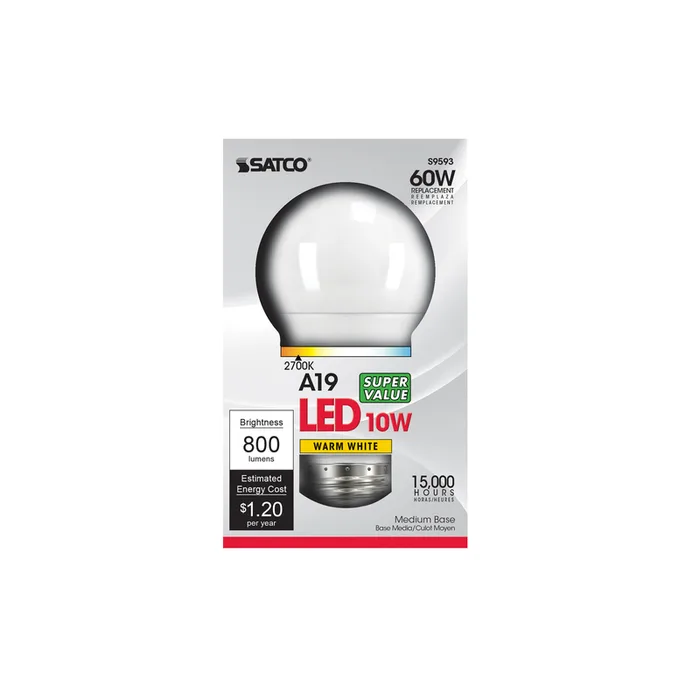 Satco A19 E26 (Medium) LED Bulb Warm White 60 Watt Equivalence 1 pk (Pack of 6)