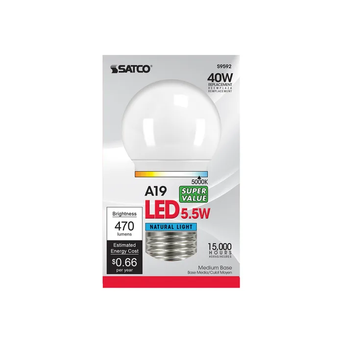Satco A19 E26 (Medium) LED Bulb Natural Light 40 Watt Equivalence 1 pk (Pack of 6)