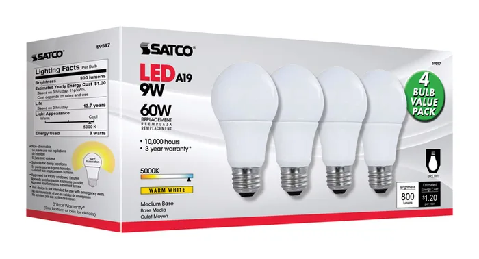 Satco Type A A19 E26 (Medium) LED Bulb Natural Light 60 Watt Equivalence 4 pk (Pack of 12)