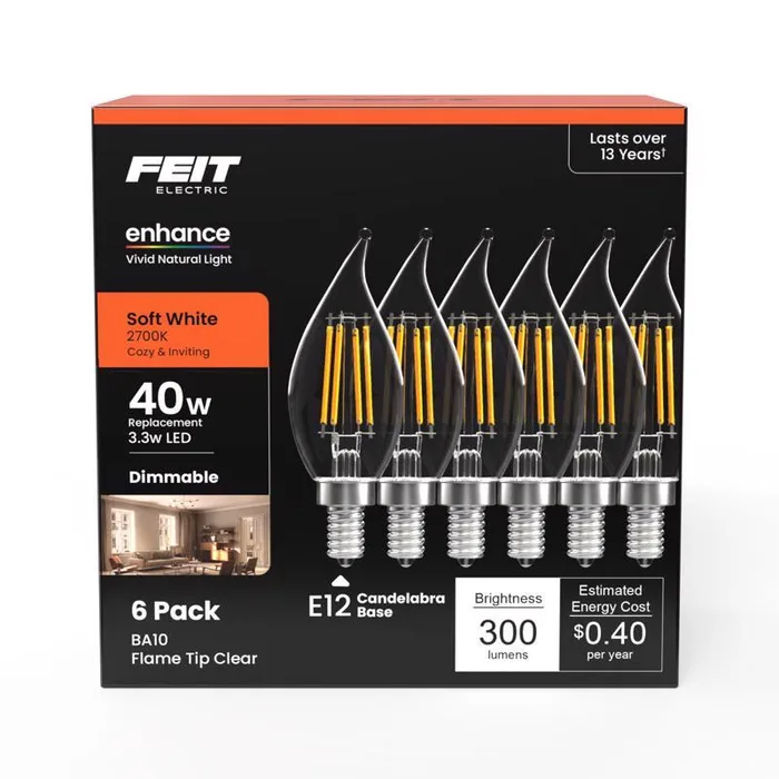 Feit Enhance BA10 E12 (Candelabra) Filament LED Bulb Soft White 40 Watt Equivalence 6 pk