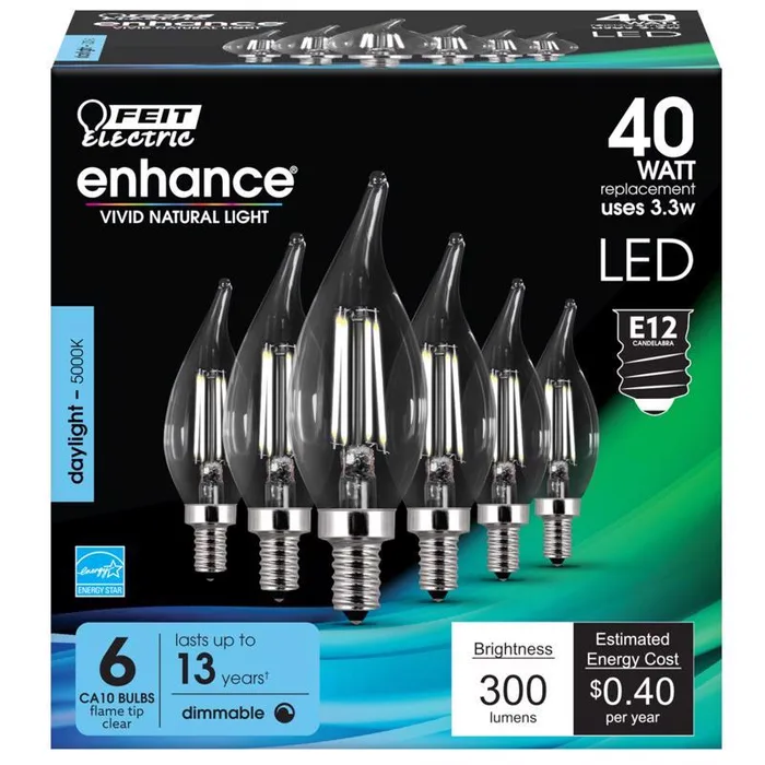 Feit Enhance CA10 (Flame Tip) E12 (Candelabra) Filament LED Bulb Daylight 40 Watt Equivalence 6 pk