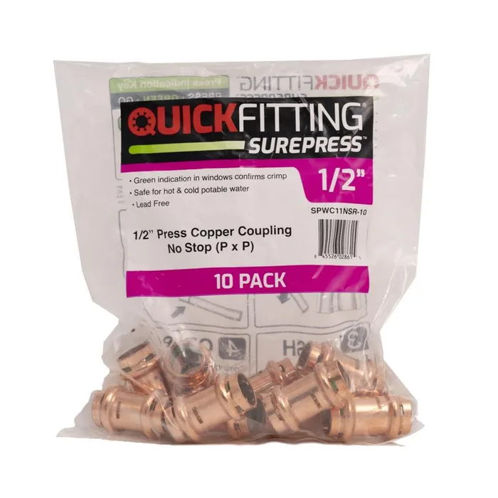 QuickFitting 1/2 in. Press in. Press in. Copper Coupling without Stop 10 pk