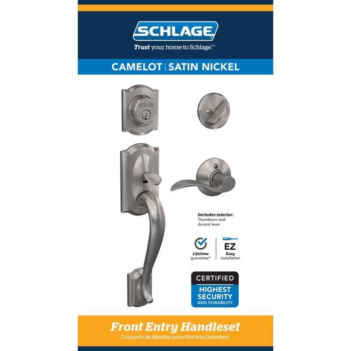 Schlage Camelot / Accent Satin Nickel Single Cylinder Handleset and Knob