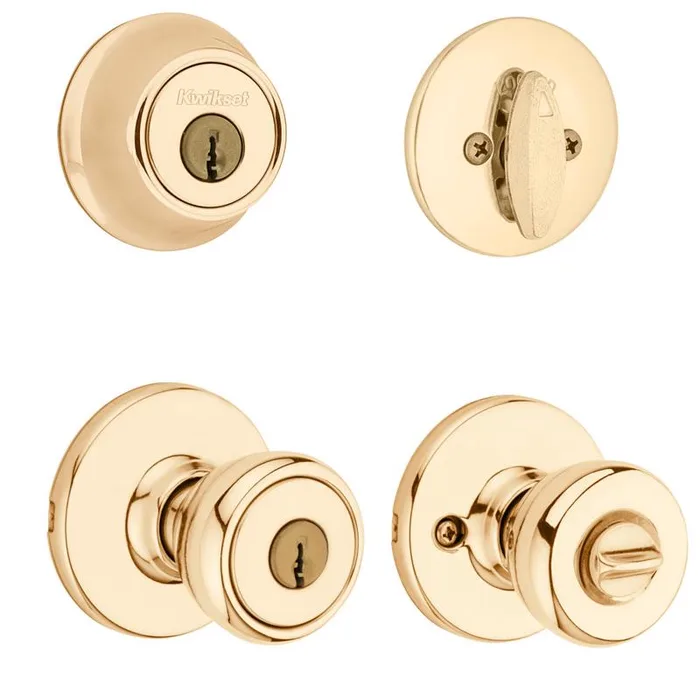 Kwikset Tylo Polished Brass Deadbolt and Passage Door Knob 1-3/4 in.
