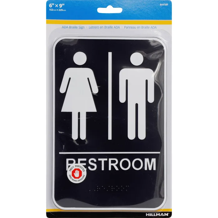 HILLMAN English Black Restroom Plaque 9 in. H X 6 in. W (Pack of 3)