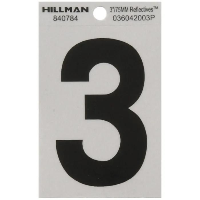 HILLMAN 3 in. Reflective Black Vinyl Self-Adhesive Number 3 1 pc (Pack of 6)