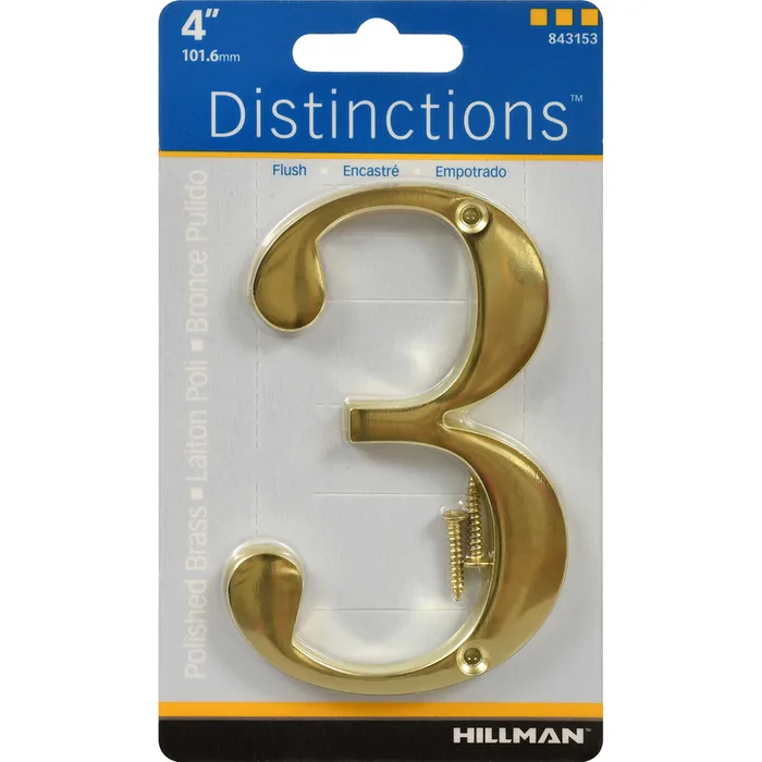 HILLMAN Distinctions 4 in. Gold Zinc Die-Cast Screw-On Number 3 1 pc (Pack of 3)