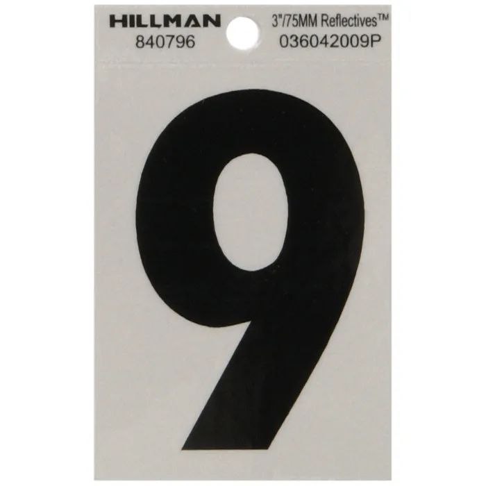 HILLMAN 3 in. Reflective Black Vinyl Self-Adhesive Number 9 1 pc (Pack of 6)