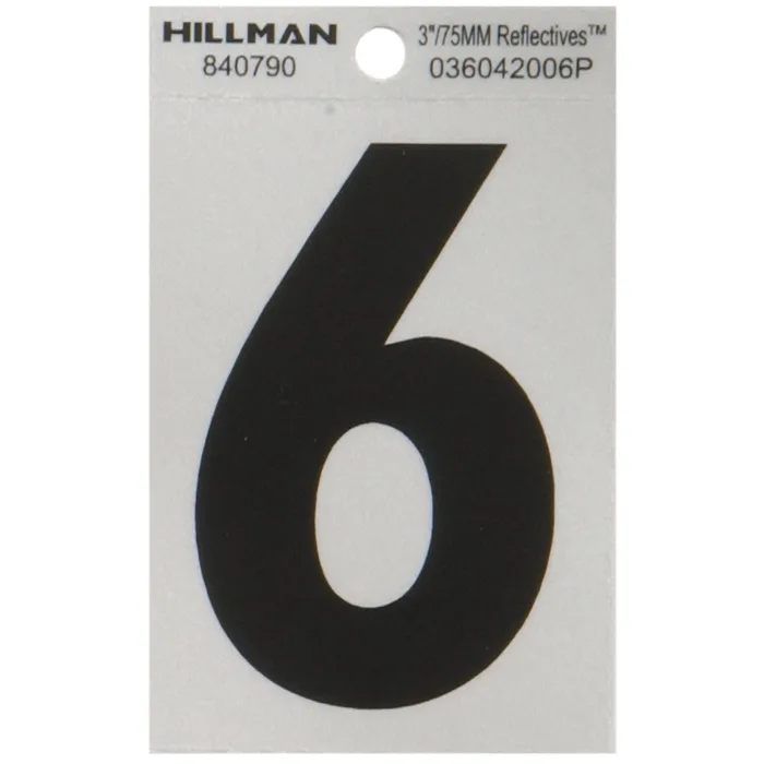 HILLMAN 3 in. Reflective Black Vinyl Self-Adhesive Number 6 1 pc (Pack of 6)
