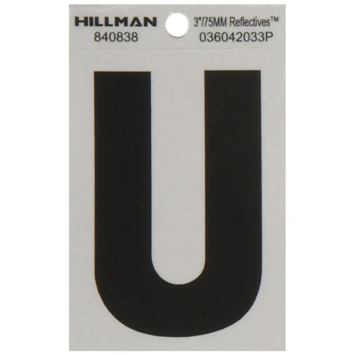 HILLMAN 3 in. Reflective Black Vinyl Self-Adhesive Letter U 1 pc (Pack of 6)
