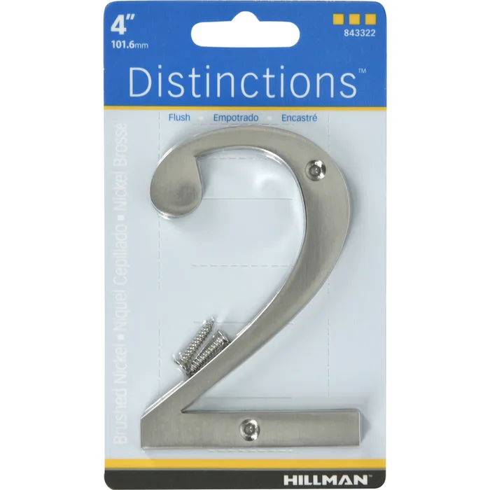HILLMAN Distinctions 4 in. Silver Zinc Die-Cast Screw-On Number 2 1 pc (Pack of 3)