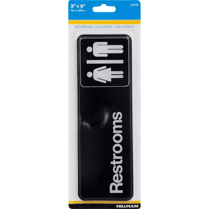 HILLMAN English Black Restroom Plaque 3 in. H X 9 in. W (Pack of 6)