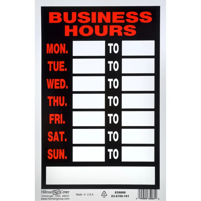 HILLMAN English Black Hours Sign 12 in. H X 8 in. W (Pack of 6)
