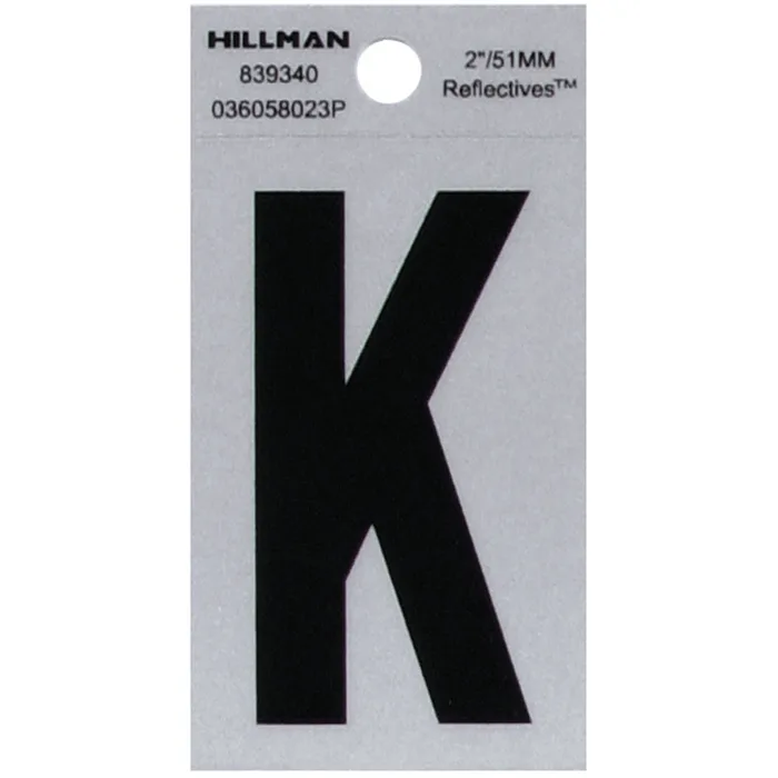 HILLMAN 2 in. Reflective Black Vinyl Self-Adhesive Letter K 1 pc (Pack of 6)