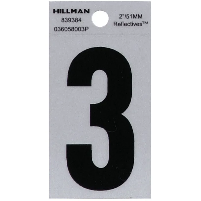 HILLMAN 2 in. Reflective Black Vinyl Self-Adhesive Number 3 1 pc (Pack of 6)