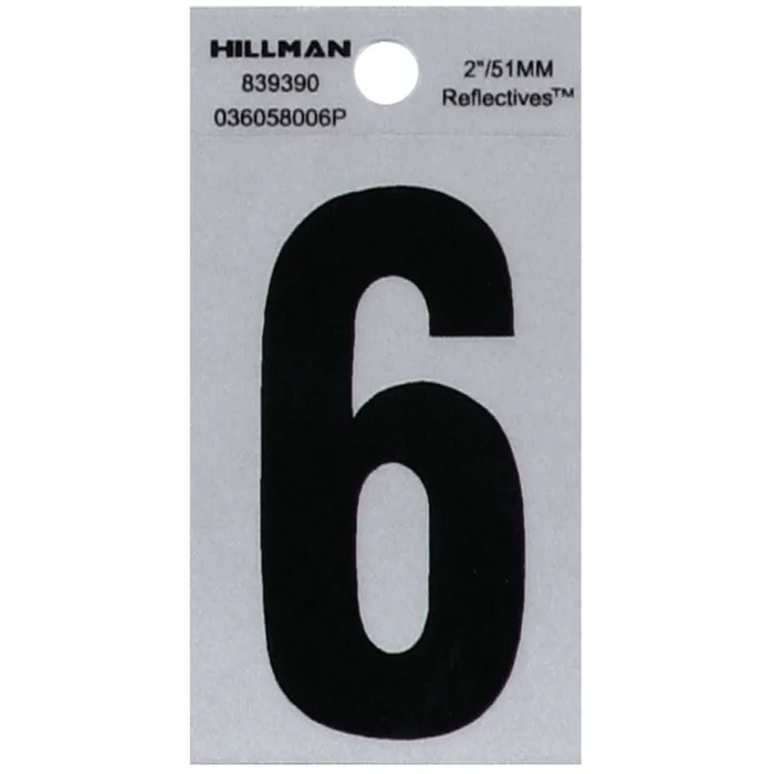 HILLMAN 2 in. Reflective Black Vinyl Self-Adhesive Number 6 1 pc (Pack of 6)