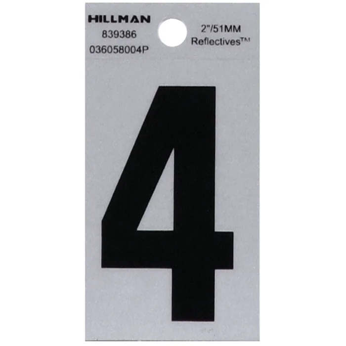 HILLMAN 2 in. Reflective Black Vinyl Self-Adhesive Number 4 1 pc (Pack of 6)