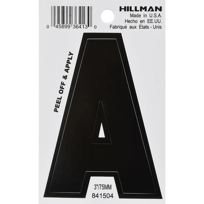 HILLMAN 3 in. Black Vinyl Self-Adhesive Letter A 1 pc (Pack of 6)