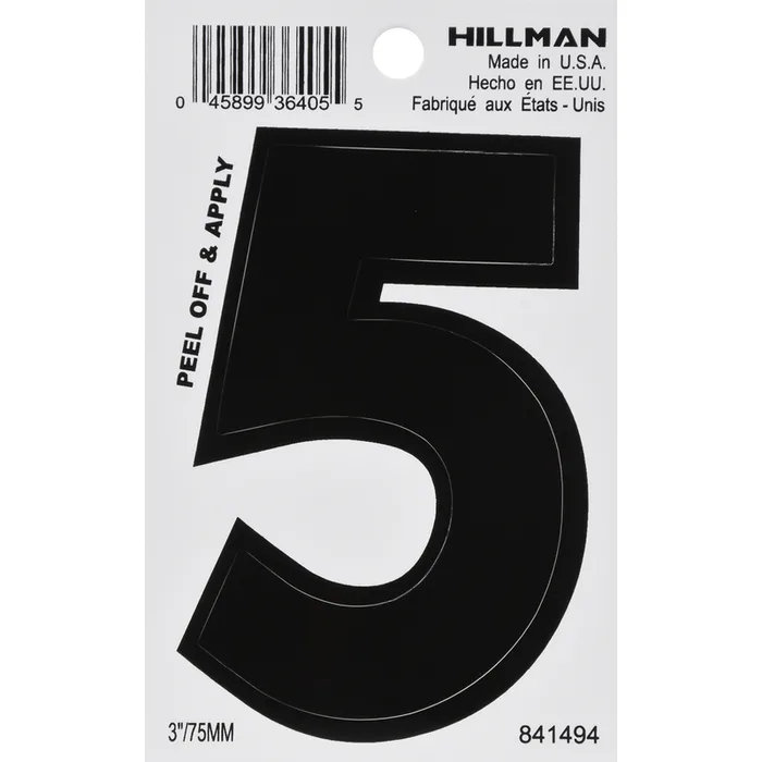 HILLMAN 3 in. Black Vinyl Self-Adhesive Number 5 1 pc (Pack of 6)