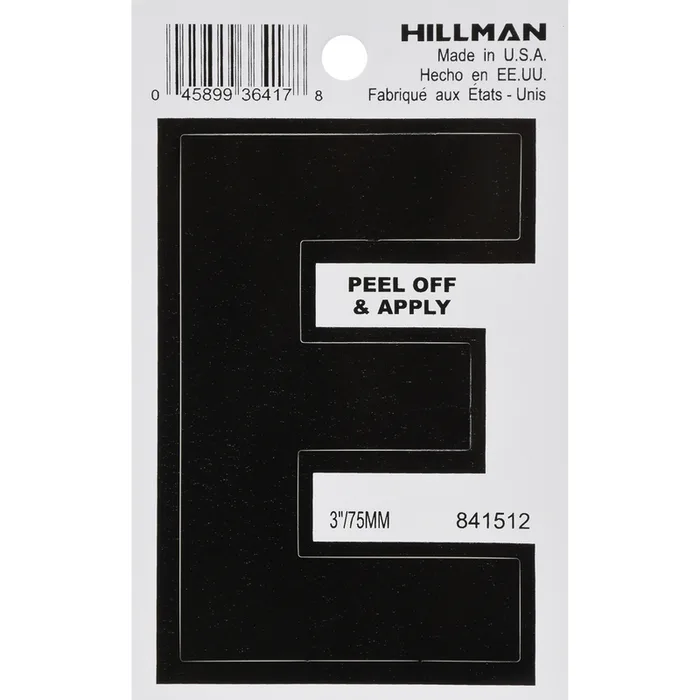 HILLMAN 3 in. Black Vinyl Self-Adhesive Letter E 1 pc (Pack of 6)