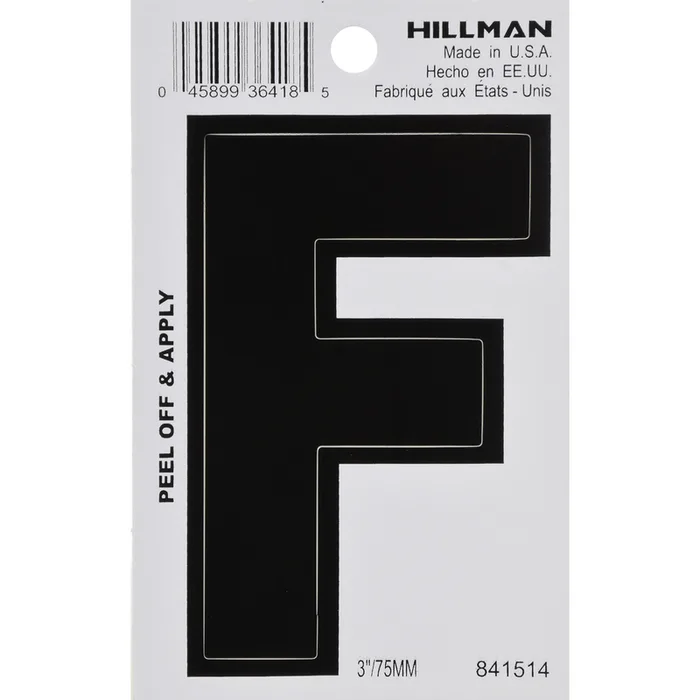 HILLMAN 3 in. Black Vinyl Self-Adhesive Letter F 1 pc (Pack of 6)
