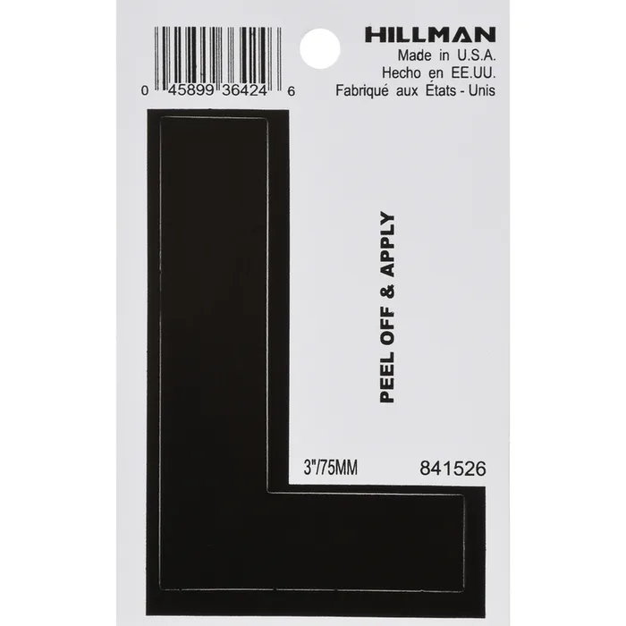 HILLMAN 3 in. Black Vinyl Self-Adhesive Letter L 1 pc (Pack of 6)