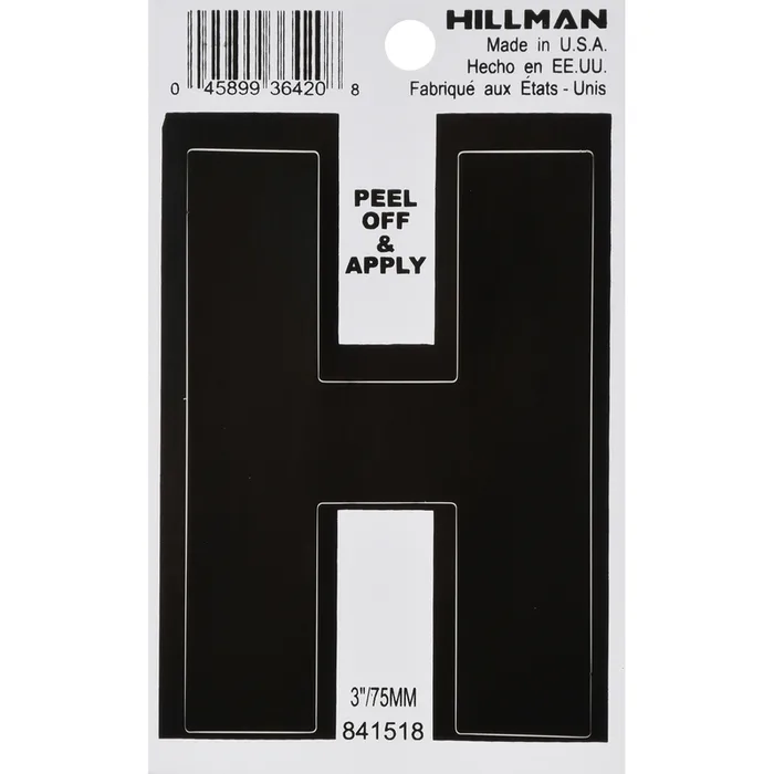 HILLMAN 3 in. Black Vinyl Self-Adhesive Letter H 1 pc (Pack of 6)
