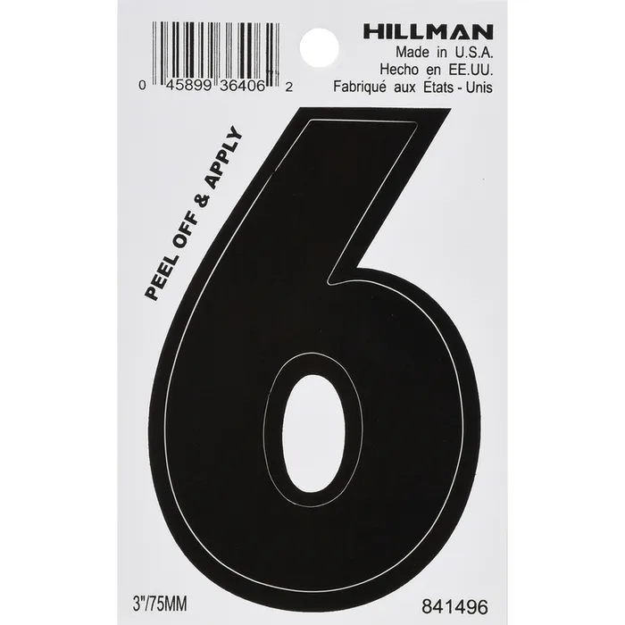HILLMAN 3 in. Black Vinyl Self-Adhesive Number 6 1 pc (Pack of 6)