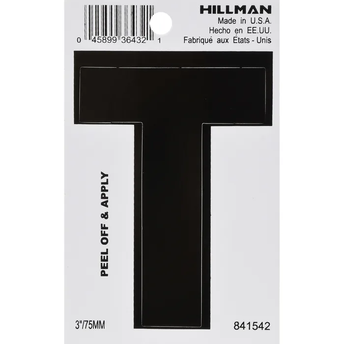 HILLMAN 3 in. Black Vinyl Self-Adhesive Letter T 1 pc (Pack of 6)