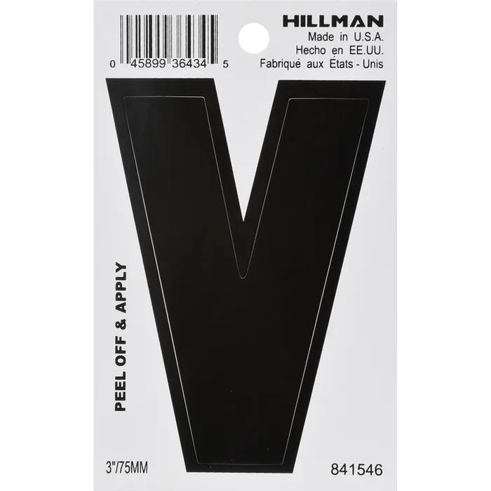 HILLMAN 3 in. Black Vinyl Self-Adhesive Letter V 1 pc (Pack of 6)