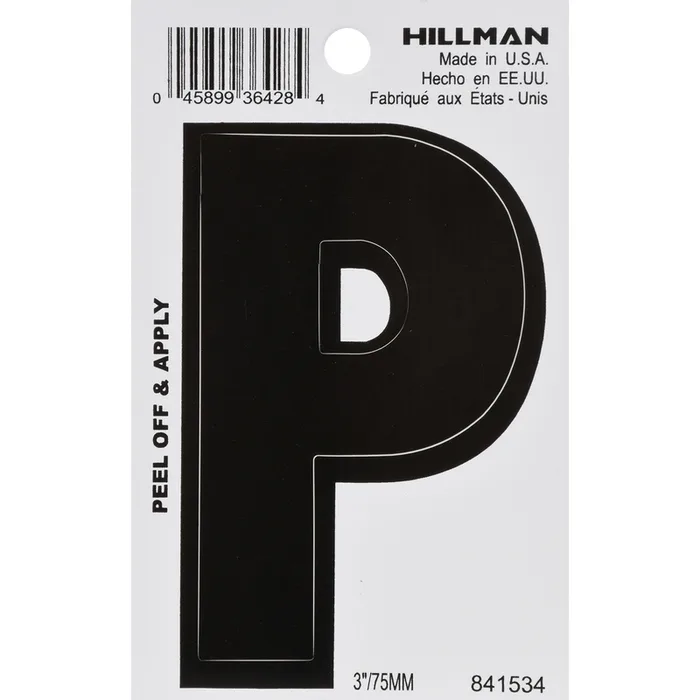 HILLMAN 3 in. Black Vinyl Self-Adhesive Letter P 1 pc (Pack of 6)