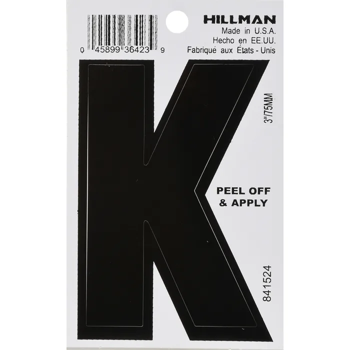 HILLMAN 3 in. Black Vinyl Self-Adhesive Letter K 1 pc (Pack of 6)