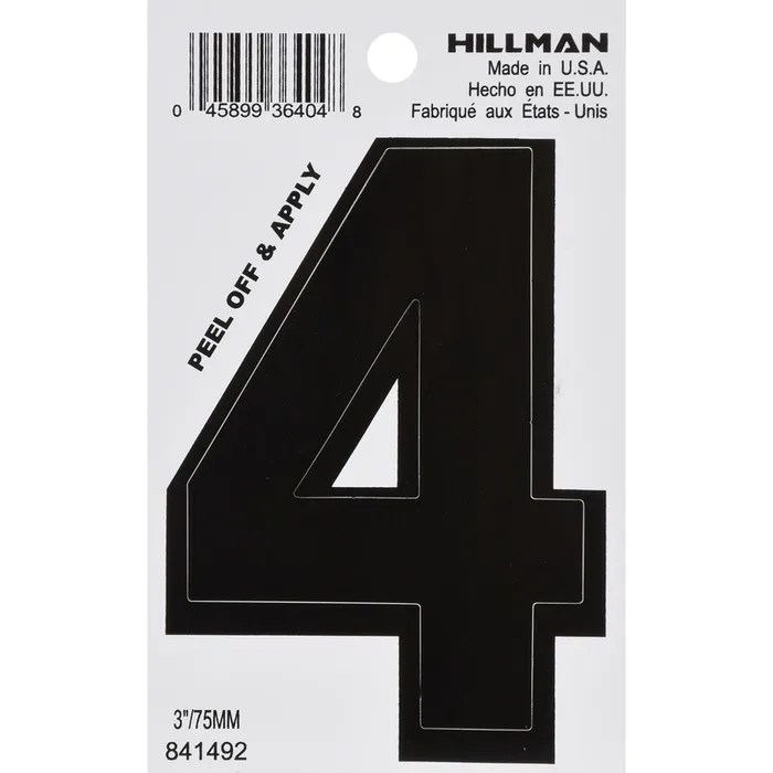 HILLMAN 3 in. Black Vinyl Self-Adhesive Number 4 1 pc (Pack of 6)