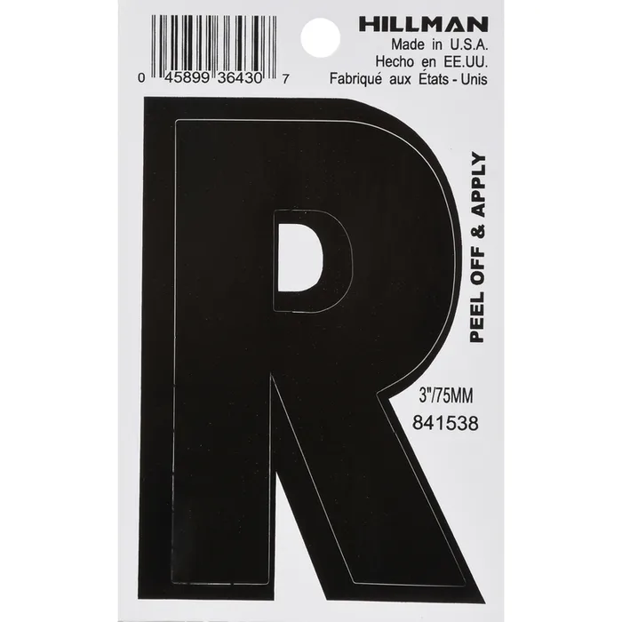 HILLMAN 3 in. Black Vinyl Self-Adhesive Letter R 1 pc (Pack of 6)