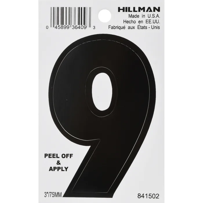HILLMAN 3 in. Black Vinyl Self-Adhesive Number 9 1 pc (Pack of 6)
