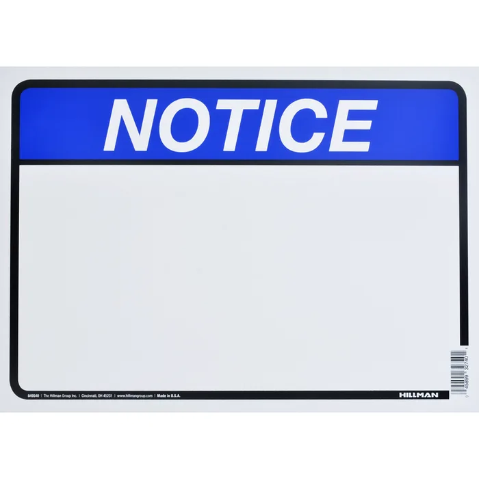 HILLMAN English Blue Notice Sign 10 in. H X 14 in. W (Pack of 6)