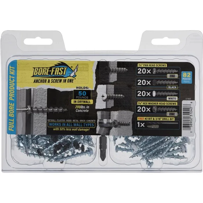 HILLMAN Bore-fast 3/16 in. D X 1-1/2 in. L Steel Pan Head Screw and Anchor 82 pc (Pack of 3)