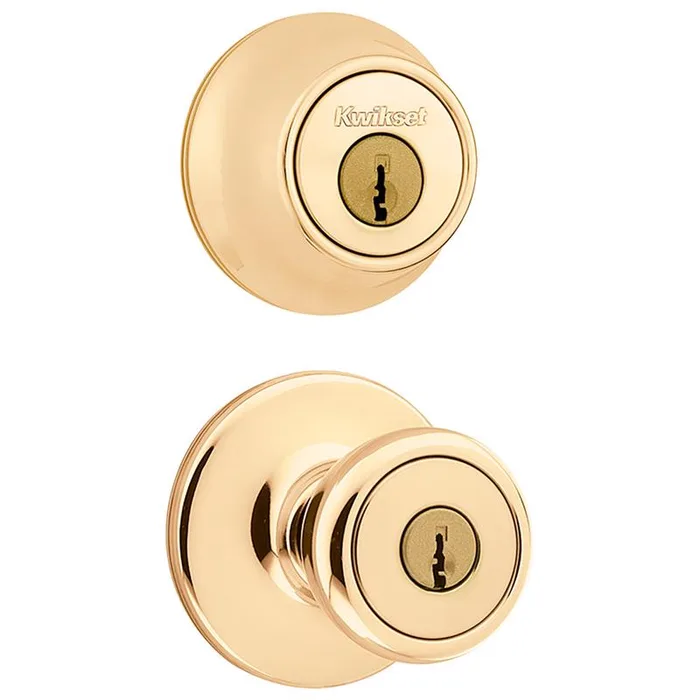 Kwikset Tylo Polished Brass Deadbolt and Entry Door Knob 1-3/4 in.
