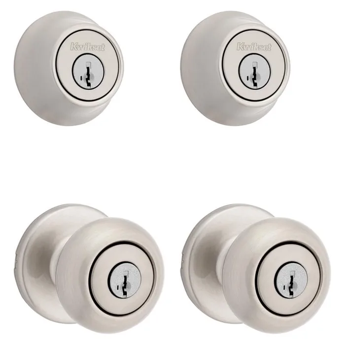 Kwikset SmartKey Security Classic Satin Nickel Entry Knob and Single Cylinder Deadbolt KW1 2-3/4 in.